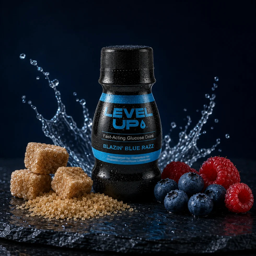 LEVEL UP bottle with raw cane sugar and fresh berries on dark slate